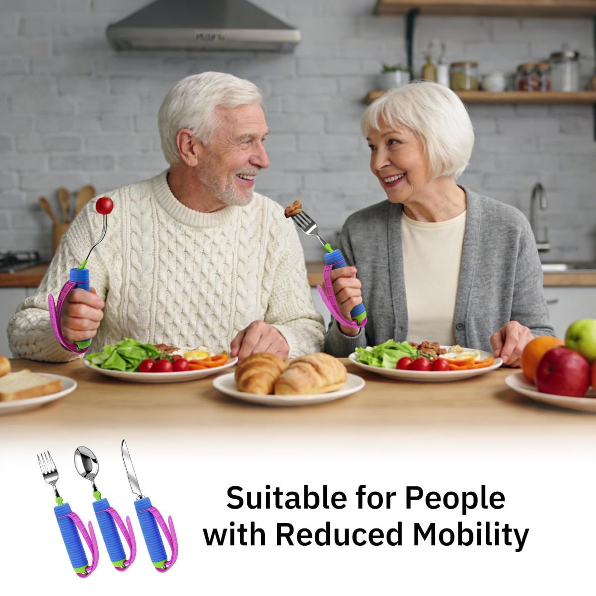 Adaptive Utensils for Disability, 360°Gadgets Swivel Fork Spoon with Adjustable Silicone Strap for Weak Hand Grip & Handicapped & Parkinsons Travel Eating Utensils for Disabled, Elderly - Blue / 2 Pack - Image 6