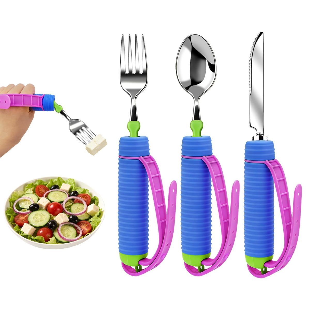 Adaptive Utensils for Disability, 360°Gadgets Swivel Fork Spoon with Adjustable Silicone Strap for Weak Hand Grip & Handicapped & Parkinsons Travel Eating Utensils for Disabled, Elderly - Blue / 3 Pack - Image 1
