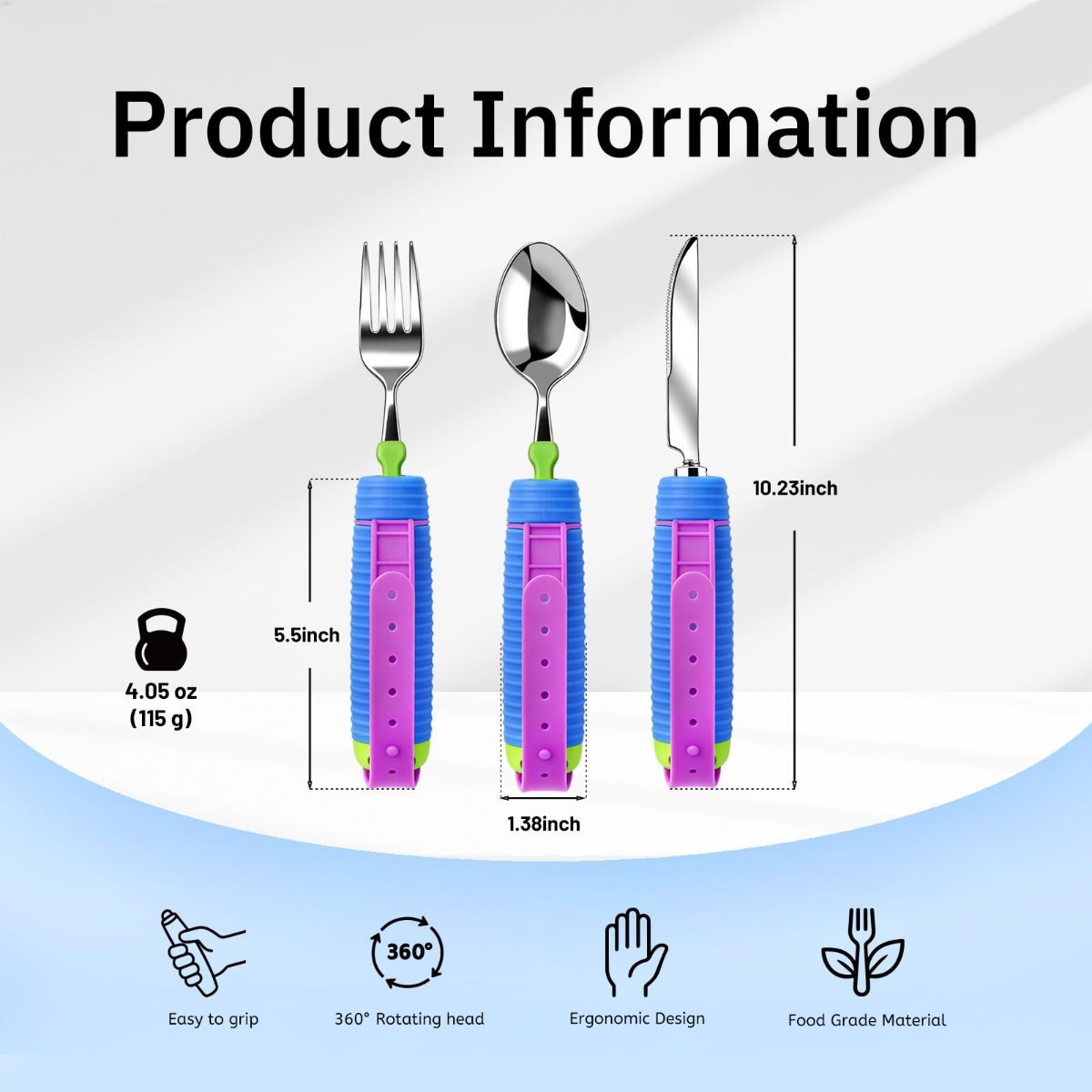 Adaptive Utensils for Disability, 360°Gadgets Swivel Fork Spoon with Adjustable Silicone Strap for Weak Hand Grip & Handicapped & Parkinsons Travel Eating Utensils for Disabled, Elderly - Blue / 3 Pack - Image 2