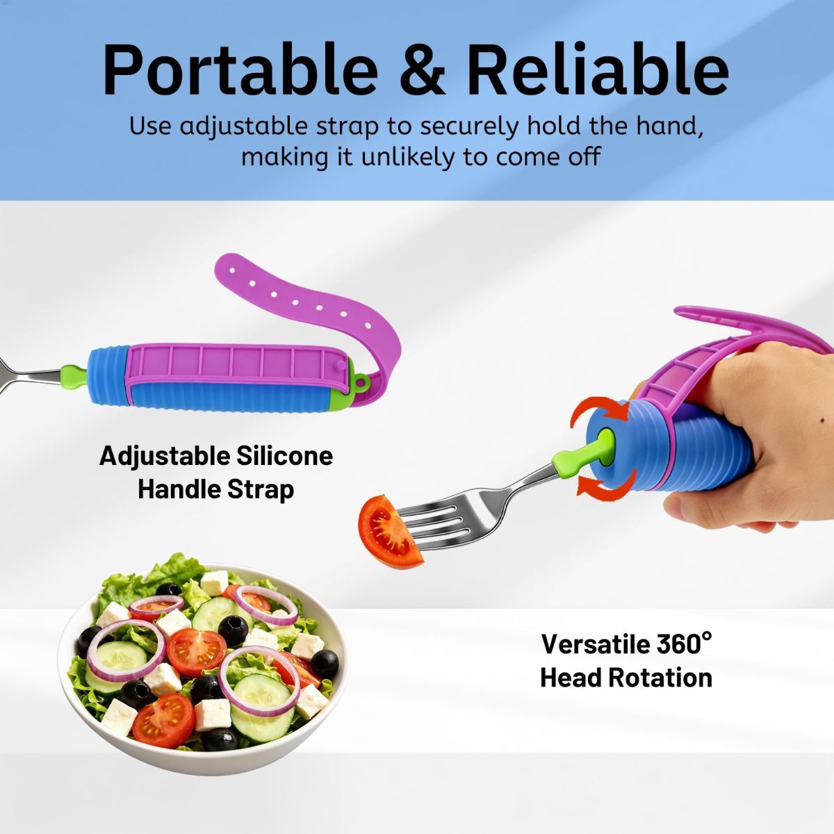 Adaptive Utensils for Disability, 360°Gadgets Swivel Fork Spoon with Adjustable Silicone Strap for Weak Hand Grip & Handicapped & Parkinsons Travel Eating Utensils for Disabled, Elderly - Blue / 3 Pack - Image 4