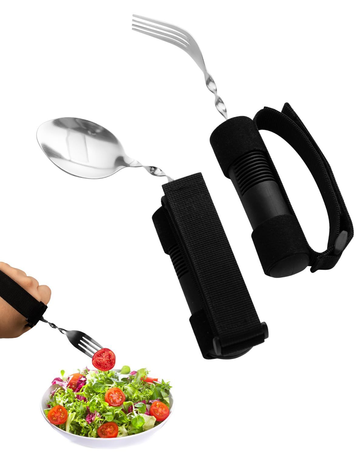 Bendable Adaptive Utensils for Elderly, Disabled People, Parkinson’s, Arthritis, Hand Tremors, Weak Hand Grip & Handicapped, Arthritic Hands-Non Slip Handles - Black - Size 2 Pack - Image 1