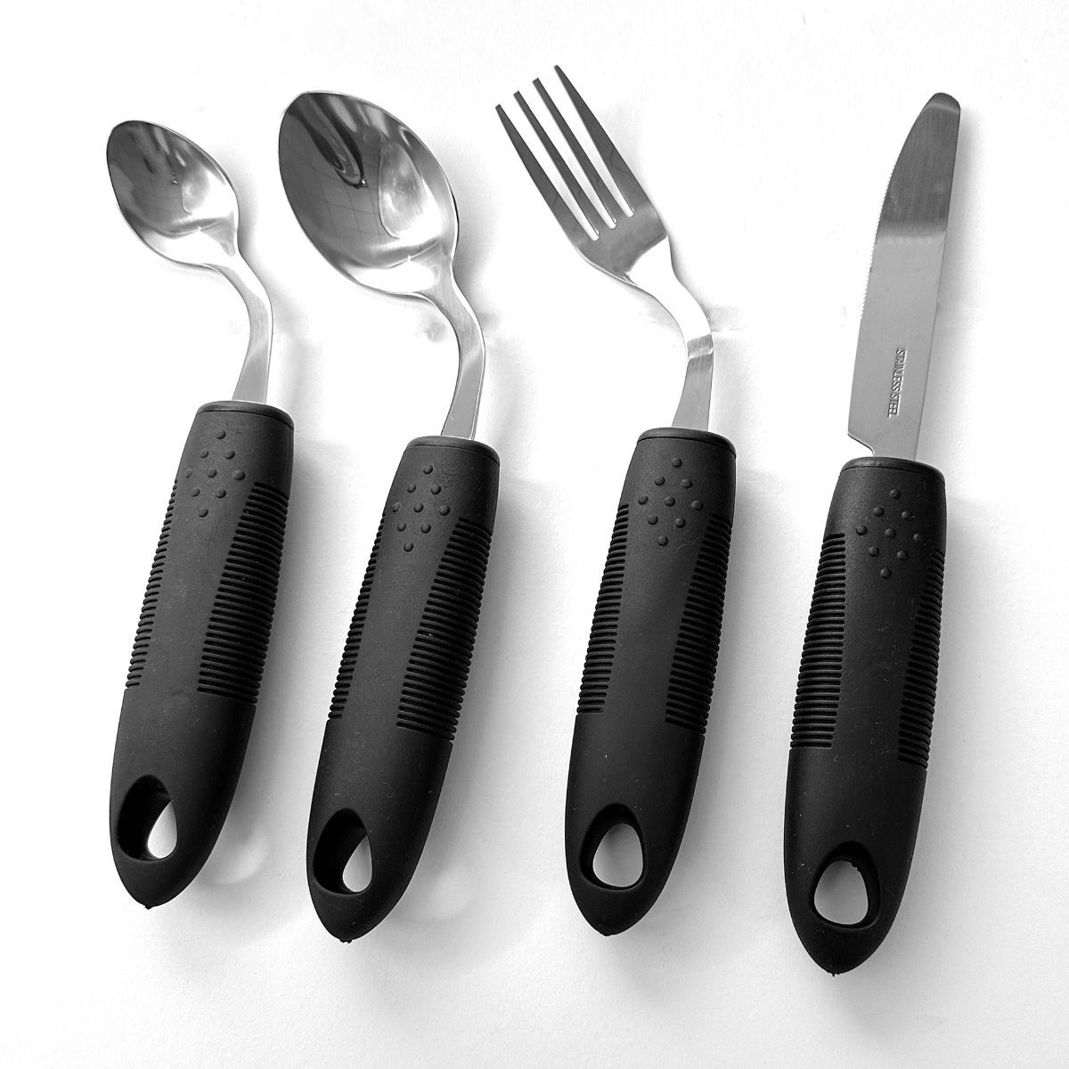 Weighted Adaptive Utensils, 4Pcs Weighted Utensils for Hand Tremors, 45°Angled Parkinsons Utensils for Elderly, 3.5oz Weighted Built Up Utensils for Adults, Disabled, Parkinson - Black - Size Right-Handed - Image 1
