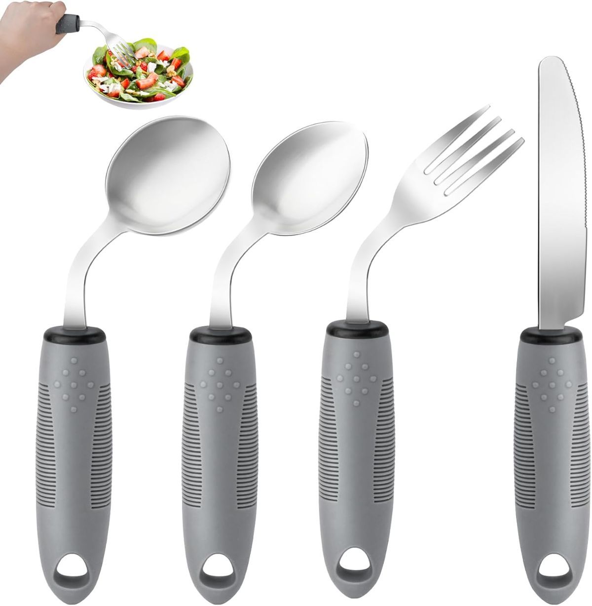 Weighted Adaptive Utensils, 4Pcs Weighted Utensils for Hand Tremors, 45°Angled Parkinsons Utensils for Elderly, 3.5oz Weighted Built Up Utensils for Adults, Disabled, Parkinson - Gray - Size Left-Handed - Image 1