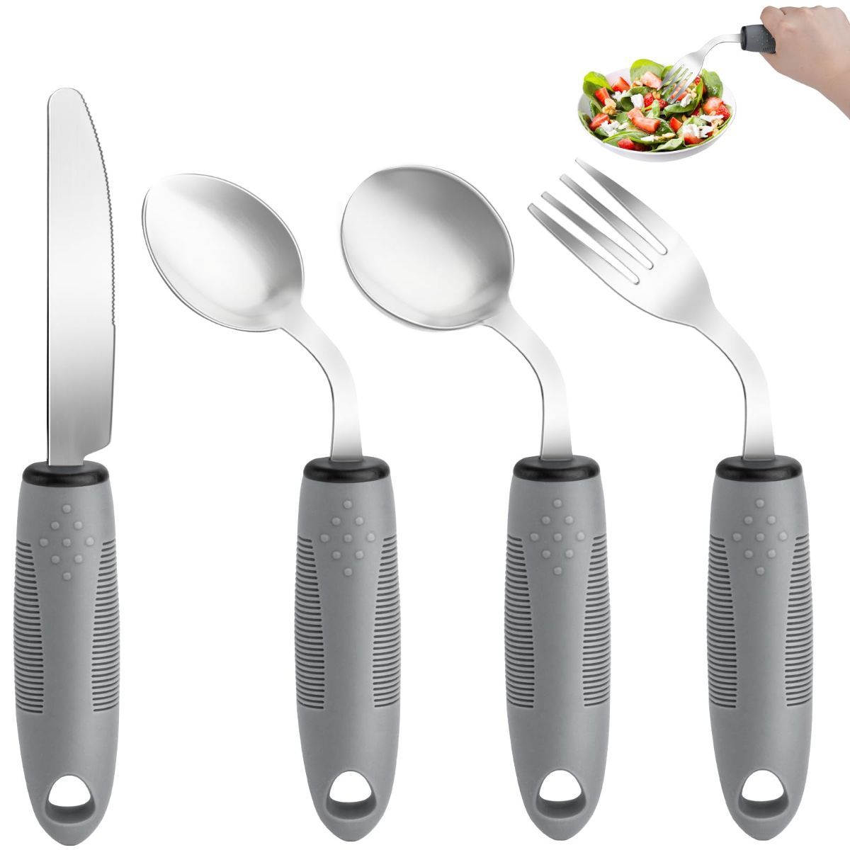 Weighted Adaptive Utensils, 4Pcs Weighted Utensils for Hand Tremors, 45°Angled Parkinsons Utensils for Elderly, 3.5oz Weighted Built Up Utensils for Adults, Disabled, Parkinson - Gray - Size Right-Handed - Image 1