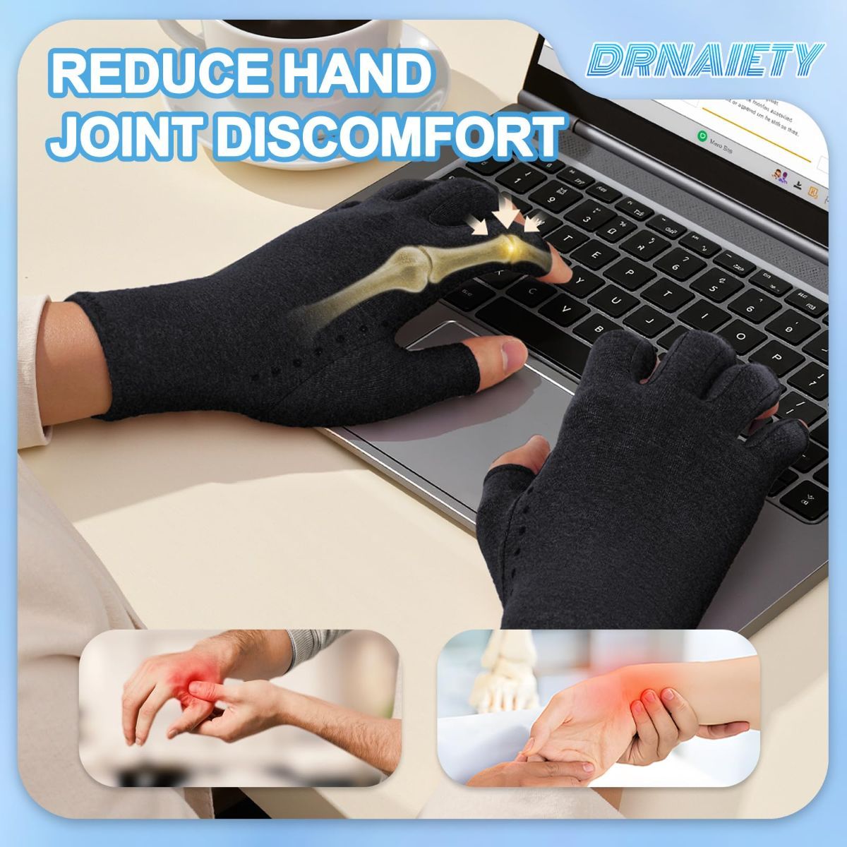 2-Pair Arthritis Compression Gloves- for Hand Arthritis, Carpal Tunnel Pain, Rheumatoid Arthritis, RSI, Fingerless, Anti-Slip, Breathable Gloves for Men & Women, Typing, Daily Use - Black - Size S - Image 6