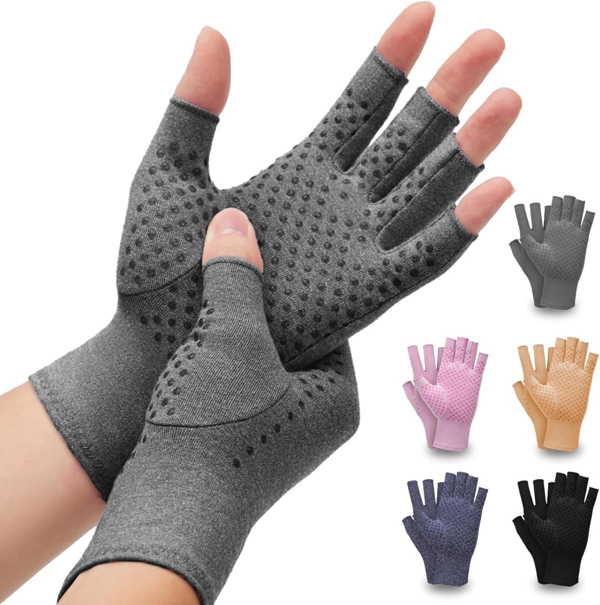 2-Pair Arthritis Compression Gloves- for Hand Arthritis, Carpal Tunnel Pain, Rheumatoid Arthritis, RSI, Fingerless, Anti-Slip, Breathable Gloves for Men & Women, Typing, Daily Use - Gray - Size M - Image 1