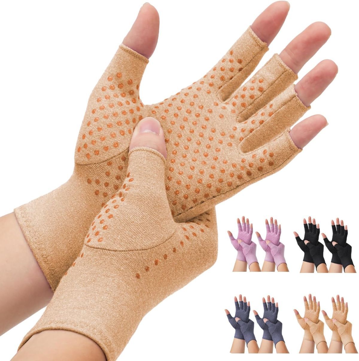 2-Pair Arthritis Compression Gloves- for Hand Arthritis, Carpal Tunnel Pain, Rheumatoid Arthritis, RSI, Fingerless, Anti-Slip, Breathable Gloves for Men & Women, Typing, Daily Use - Light Brown - Size XL - Image 1