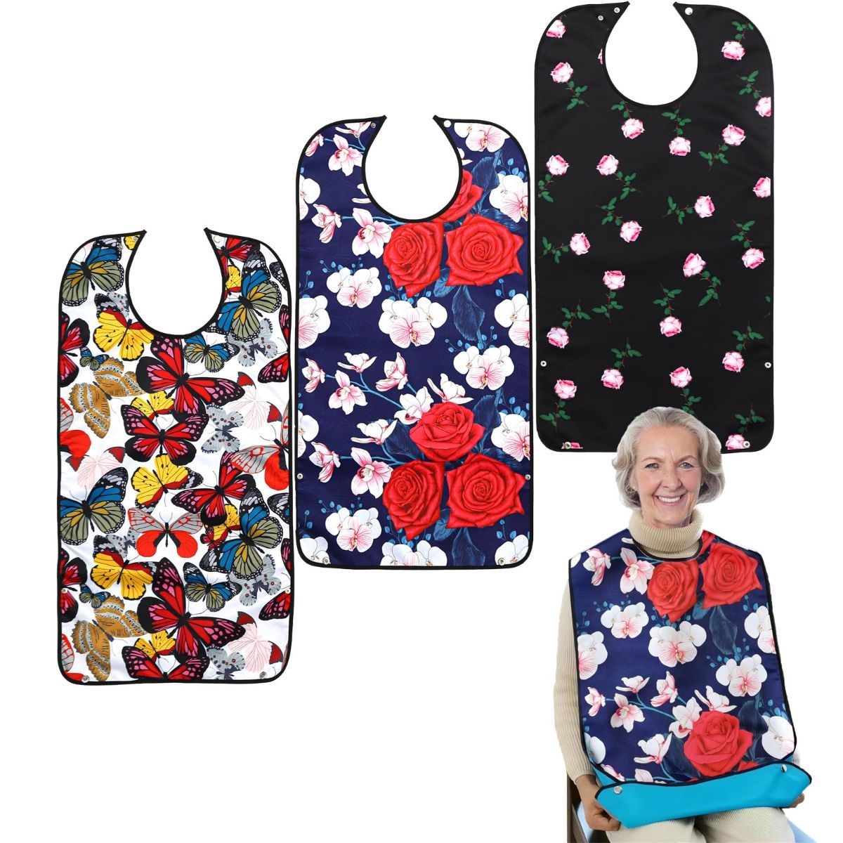 3 Pack Adult Bibs for Women, Reusable Adult Bibs for Eating with Optional Crumb Catcher, Waterproof Washable Dining Clothing Protector, Gifts for Women/Mom - Image 1