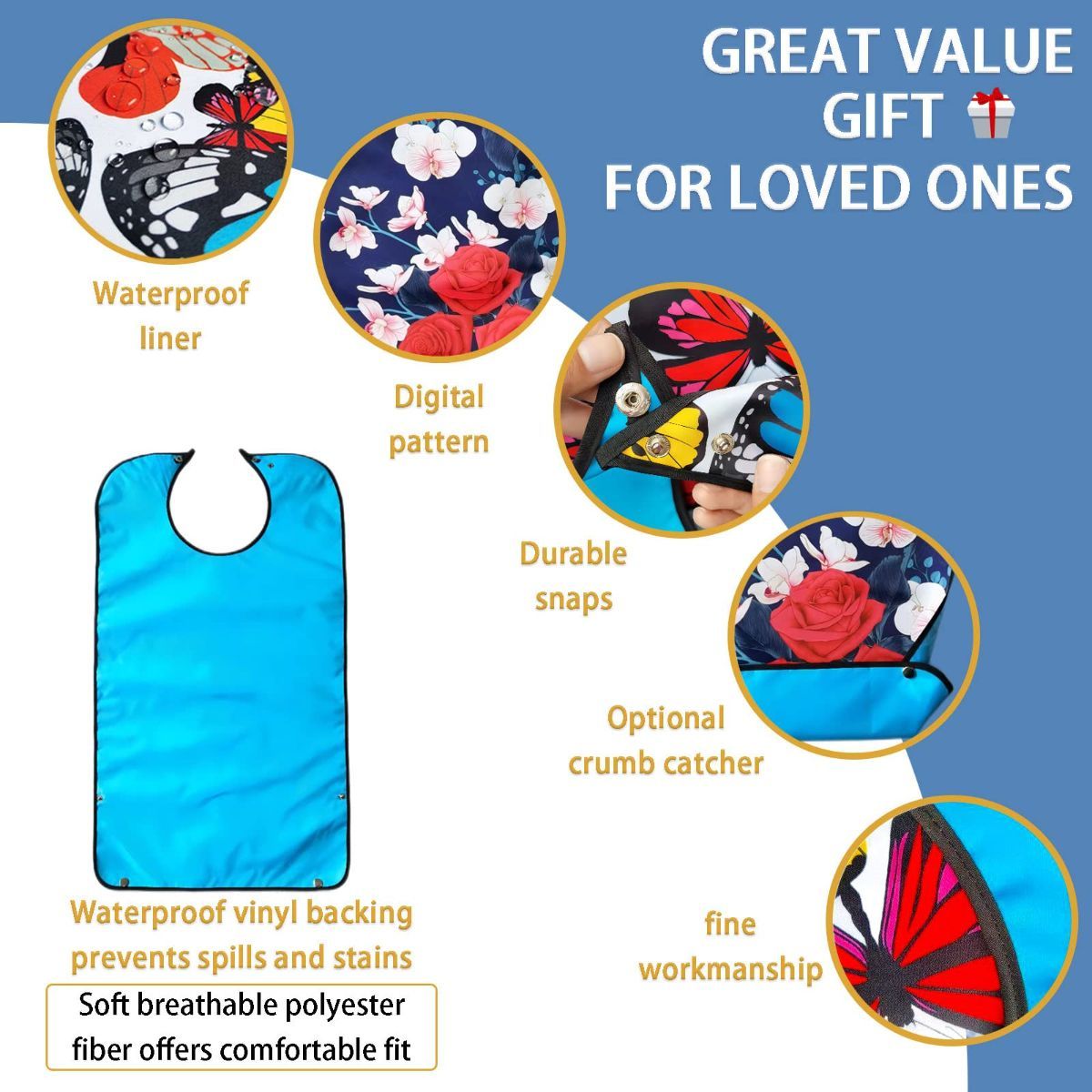 3 Pack Adult Bibs for Women, Reusable Adult Bibs for Eating with Optional Crumb Catcher, Waterproof Washable Dining Clothing Protector, Gifts for Women/Mom - Image 3