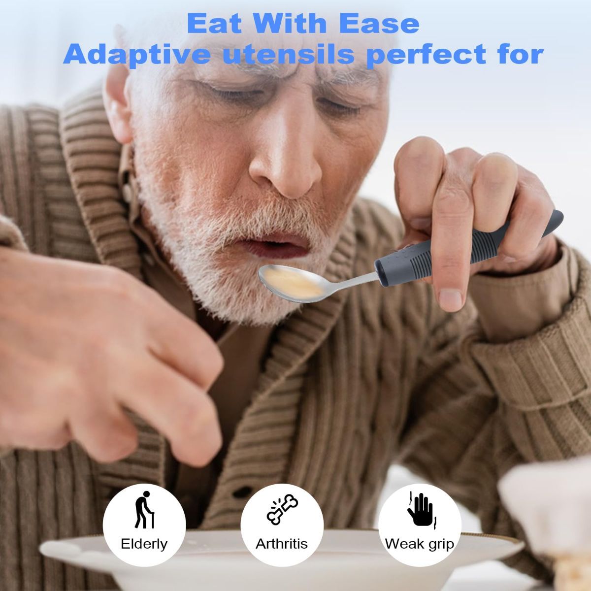 Adaptive Utensils, Weighted Utensils for Hand Tremors, Utensils for Parkinsons Patients,Elderly,Arthritis,Weak Hand Grip,Tremors & Handicapped. Stainless Steel Knife,Fork and Spoons Set - Black - Size 5pcs - Image 5