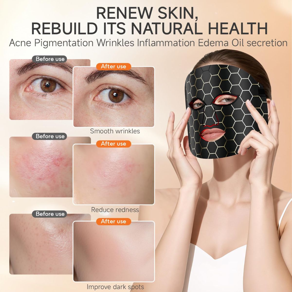 Red Light Mask 4 Color Light Therapy for Face,with 240 LED Mask,800mAh Rechargeable Controller,850nm Near Infrared Yellow&Blue Modes timer for 10 minutes 3 energy levels Anti-Aging at Home & Travel - Image 5