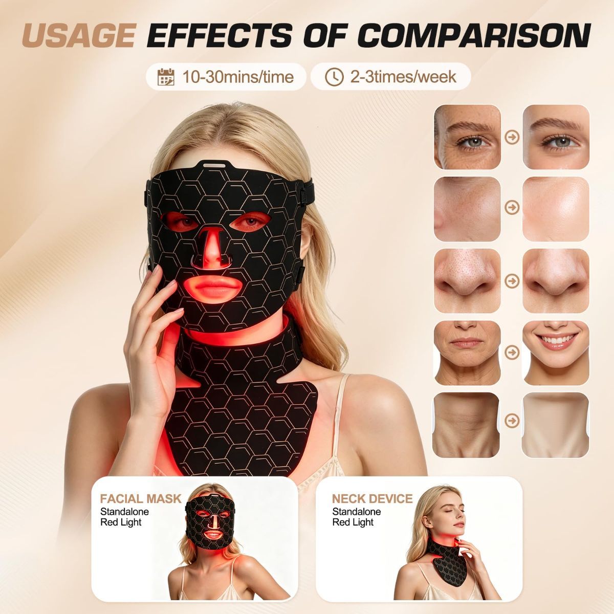 Red Light Therapy for Face and Neck Mask,160 LED Beads Silicone Facial Light Therapy,Rechargeable Portable LED Skincare Mask with Remote Control,Timer & 3 Adjustable Brightness - Image 2