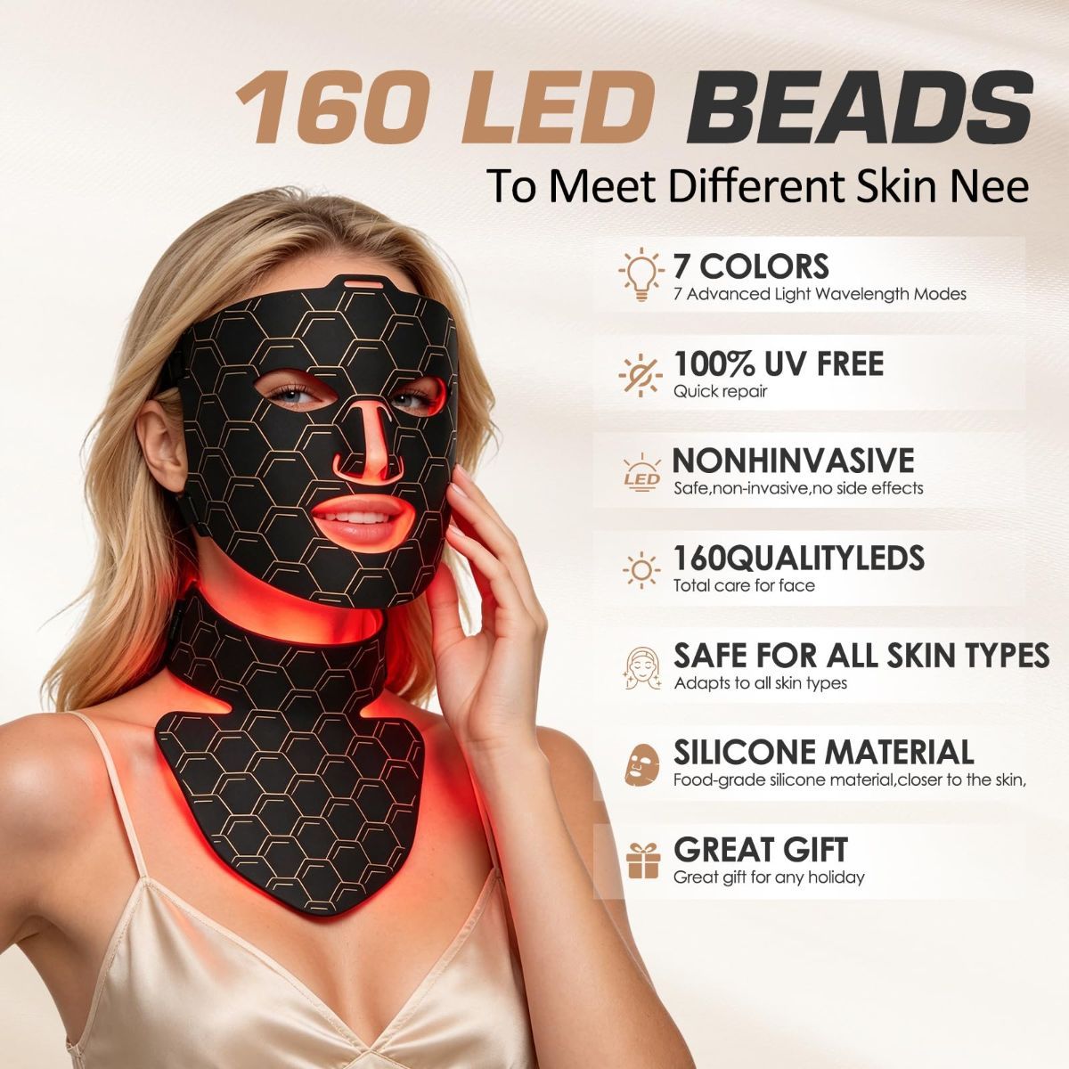 Red Light Therapy for Face and Neck Mask,160 LED Beads Silicone Facial Light Therapy,Rechargeable Portable LED Skincare Mask with Remote Control,Timer & 3 Adjustable Brightness - Image 6