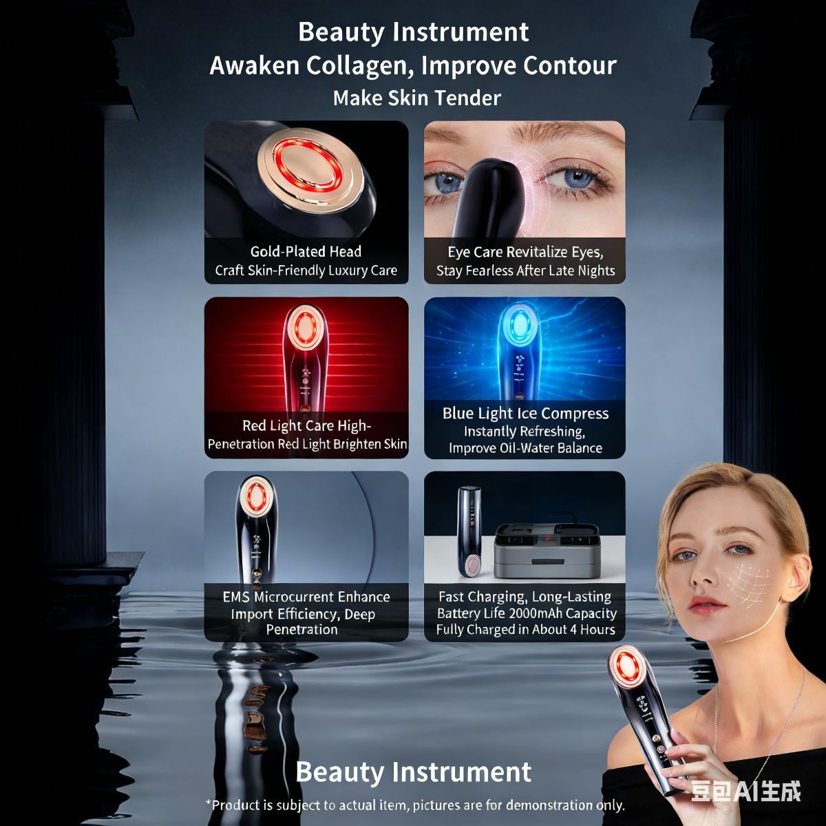 At-Home Facial Massager Beauty Device, 4-in-1 Microcurrent Face Lifting Tool with Red Light Therapy, Eye Care & Serum Infusion, Portable Skin Tightening Machine - Image 4