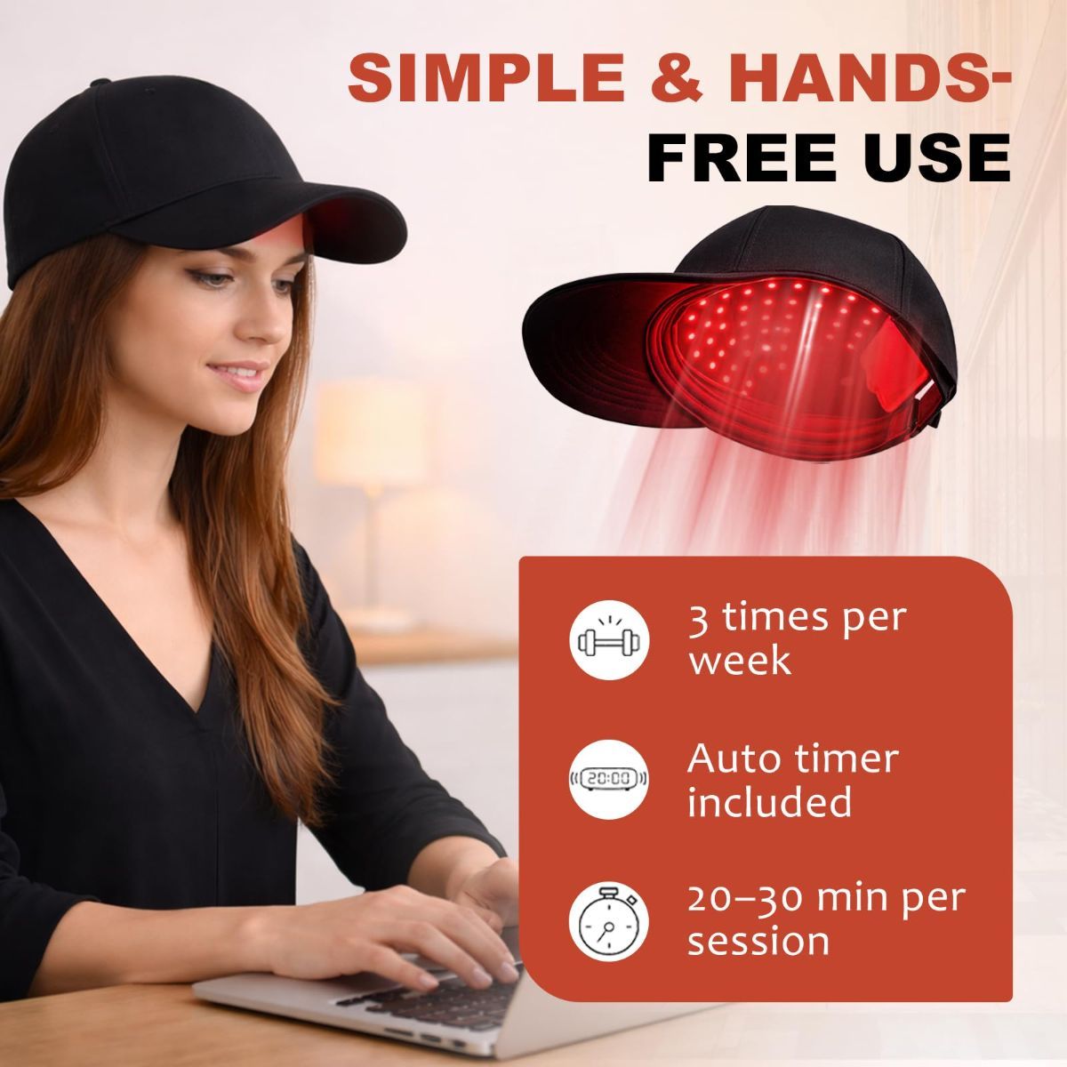 Laser Hair Growth Cap - 650nm Red Light Therapy for Hair Regrowth, Full Scalp Coverage Treatment for Men & Women with Thinning Hair, Portable & Hands-Free, Black - Image 2