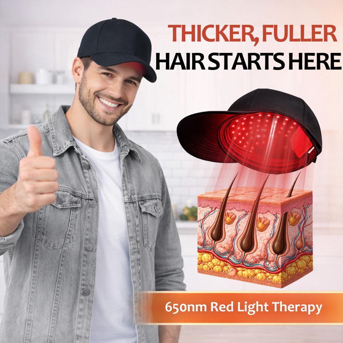 Laser Hair Growth Cap - 650nm Red Light Therapy for Hair Regrowth, Full Scalp Coverage Treatment for Men & Women with Thinning Hair, Portable & Hands-Free, Black - Image 3