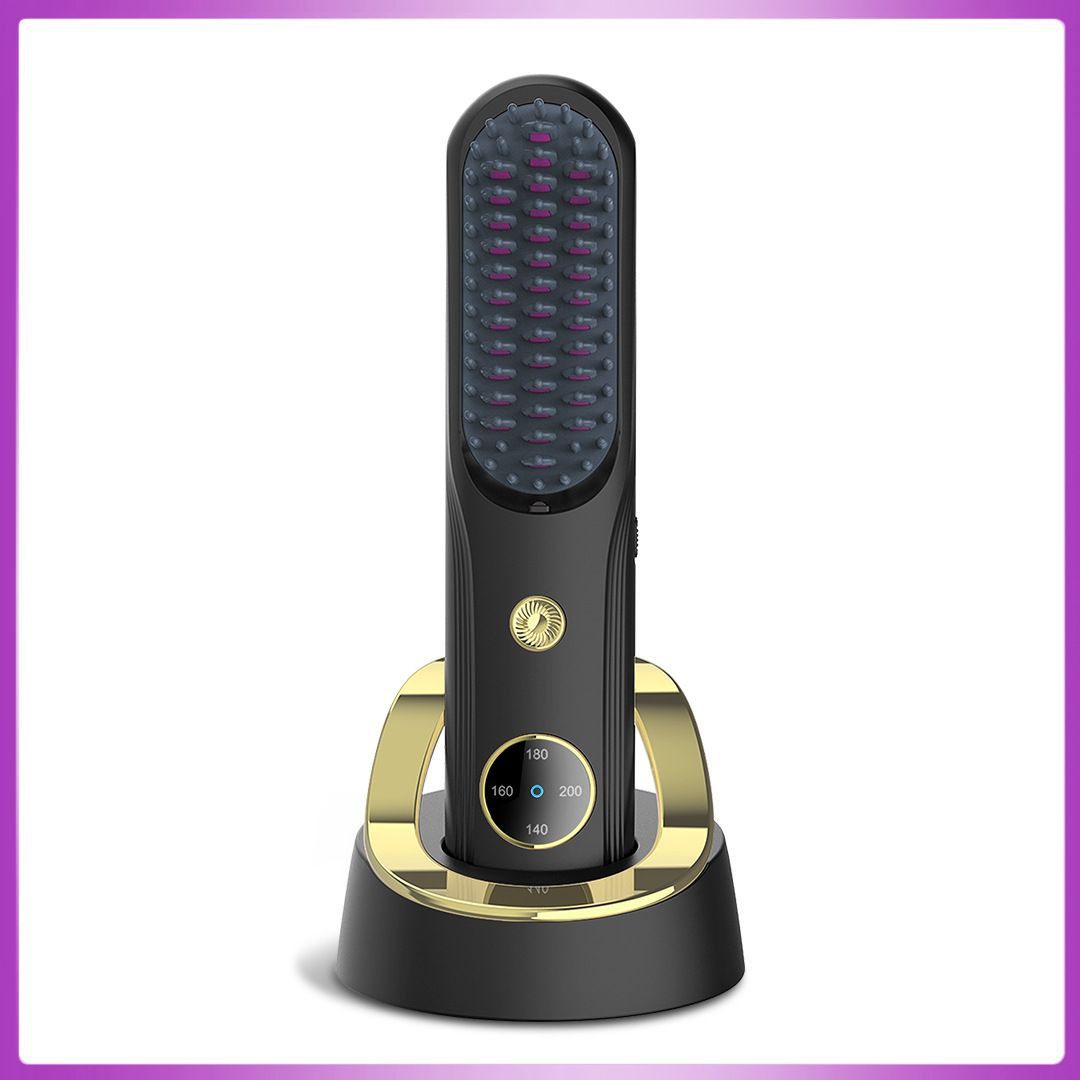 Cordless Hair Straightener Brush, Portable Mini Ionic Hair Straightener with Titanium Plates, USB Rechargeable Travel Straightening Comb for Short, Wavy Hair, Bangs & Quick Touch Ups - Black - Size 205mm - Image 1