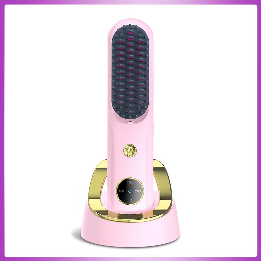 Cordless Hair Straightener Brush, Portable Mini Ionic Hair Straightener with Titanium Plates, USB Rechargeable Travel Straightening Comb for Short, Wavy Hair, Bangs & Quick Touch Ups - Pink - Size 205mm - Image 1