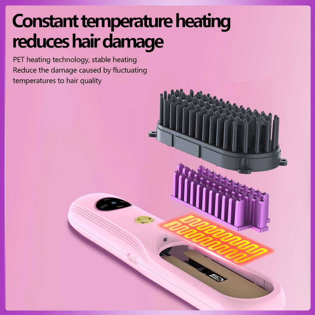 Cordless Hair Straightener Brush, Portable Mini Ionic Hair Straightener with Titanium Plates, USB Rechargeable Travel Straightening Comb for Short, Wavy Hair, Bangs & Quick Touch Ups - Pink - Size 205mm - Image 6
