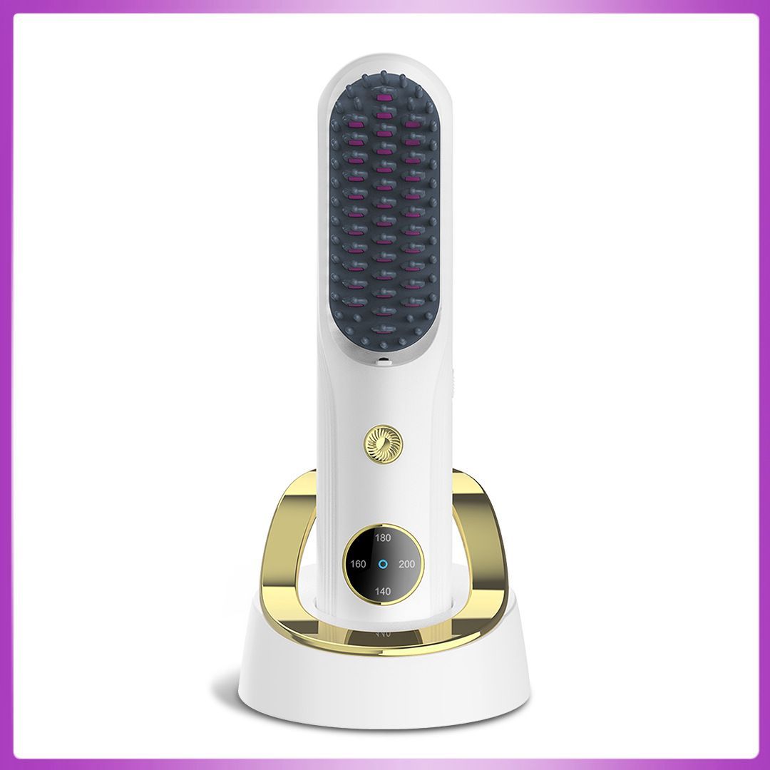 Cordless Hair Straightener Brush, Portable Mini Ionic Hair Straightener with Titanium Plates, USB Rechargeable Travel Straightening Comb for Short, Wavy Hair, Bangs & Quick Touch Ups - White - Size 205mm - Image 1