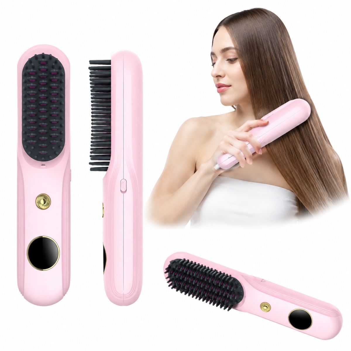 Cordless Hair Straightener Brush, Portable Mini Ionic Hair Straightener with Titanium Plates, USB Rechargeable Travel Straightening Comb for Short, Wavy Hair, Bangs & Quick Touch Ups - White - Size 205mm - Image 7
