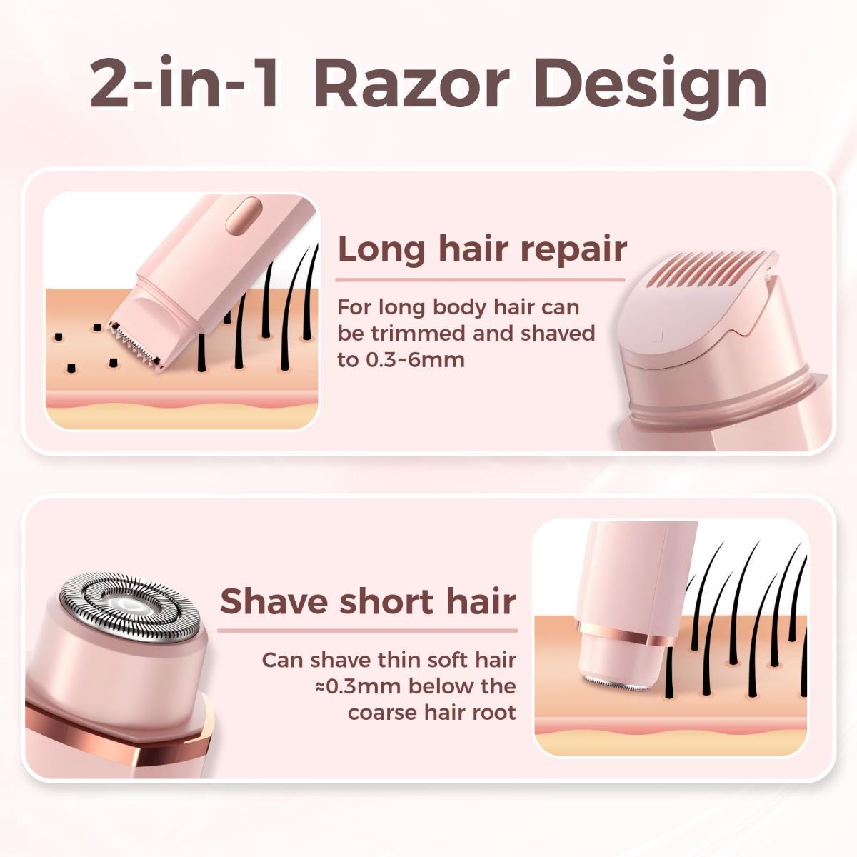 Bikini Trimmer for Women, 2 in 1 Electric Razors for Women, IPX7 Waterproof, USB Rechargeable Wet and Dry Shaver, Suitable for Hair Removal All Over The Body - Image 5