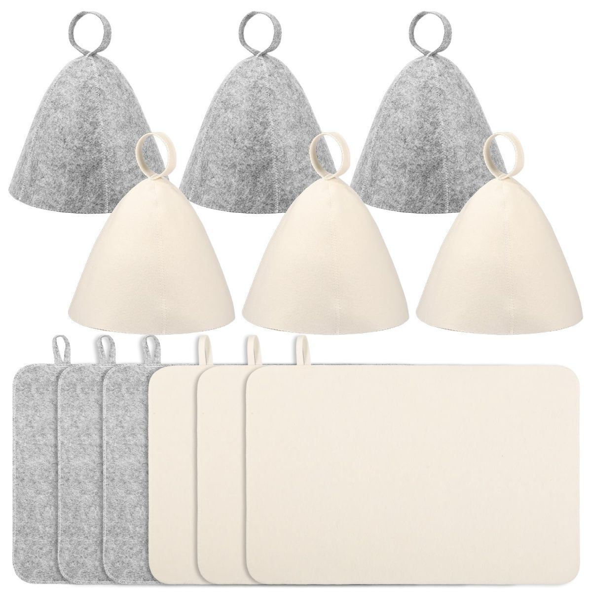 6Pcs Sauna Hats & 6Pcs Sauna Mats, Felt Sauna Hat, Bath Hair Caps with Loops, Heat Insulation Sauna Mat, Head Protection Shower Hat, Safe Sauna Mat Set, Sauna Accessories for Home - Image 1