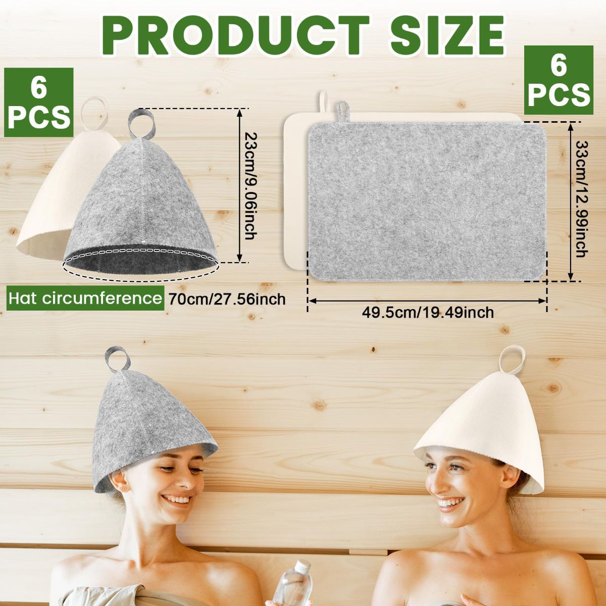 6Pcs Sauna Hats & 6Pcs Sauna Mats, Felt Sauna Hat, Bath Hair Caps with Loops, Heat Insulation Sauna Mat, Head Protection Shower Hat, Safe Sauna Mat Set, Sauna Accessories for Home - Image 2