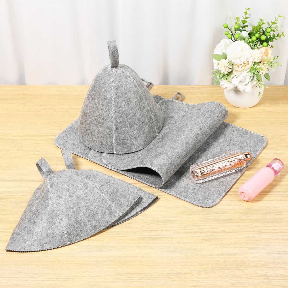 6Pcs Sauna Hats & 6Pcs Sauna Mats, Felt Sauna Hat, Bath Hair Caps with Loops, Heat Insulation Sauna Mat, Head Protection Shower Hat, Safe Sauna Mat Set, Sauna Accessories for Home - Image 8