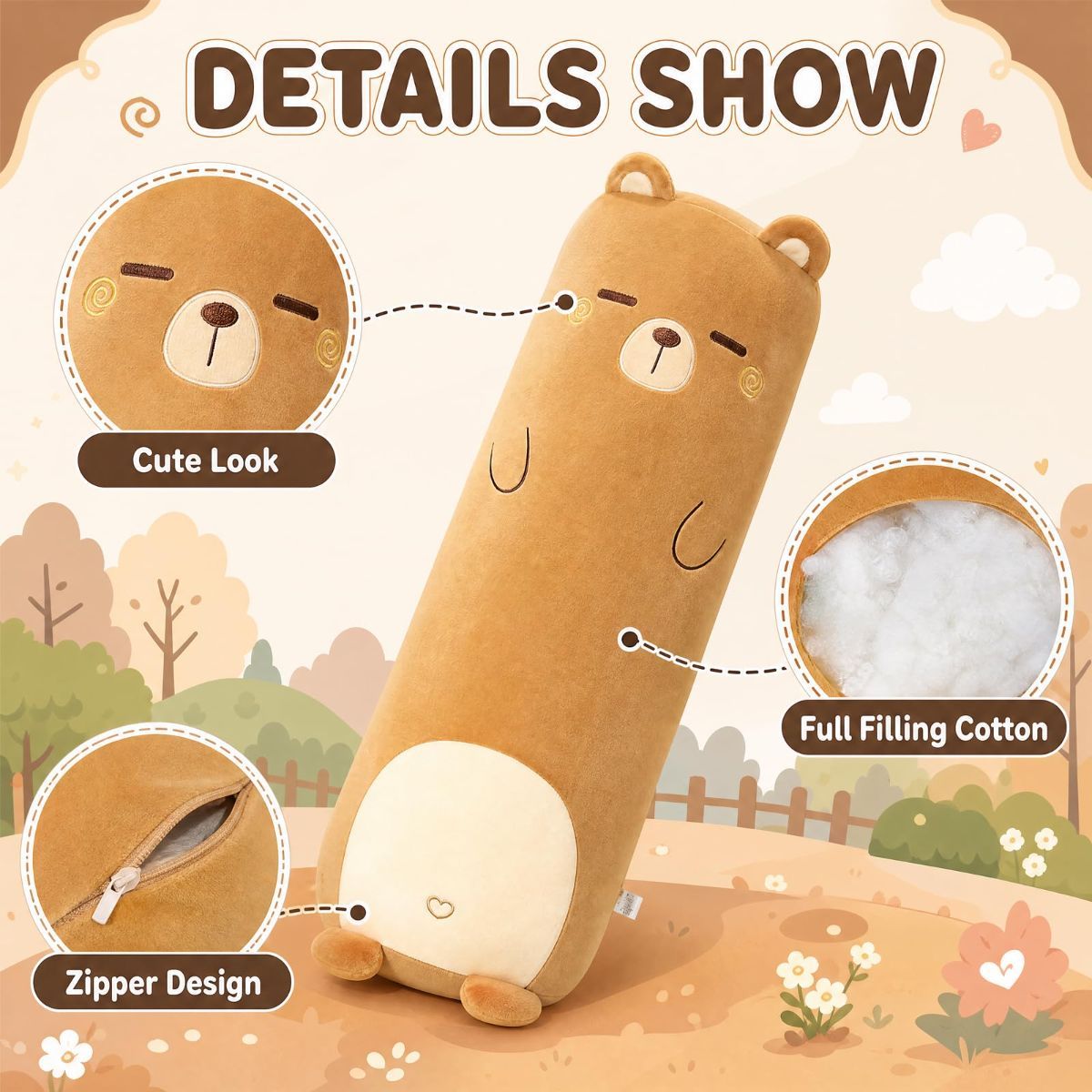 Long-Shaped Pillow Plush Pillow Hugging Pillow Soft Pillow Sleeping Pillow Gift - Beige - Size 33in - Image 3