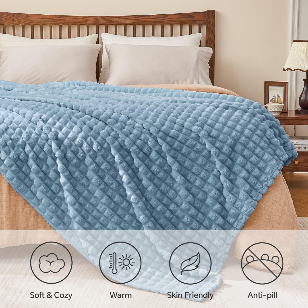 Updated Grey Throw Blanket for Couch and Bed- Super Soft and Warm 3D Checkered Fluffy Fuzzy Fleece Blanket, Luxurious Plush Cozy Blanket for Room Decor Spring - Blue - Size 120cm*200cm - Image 7