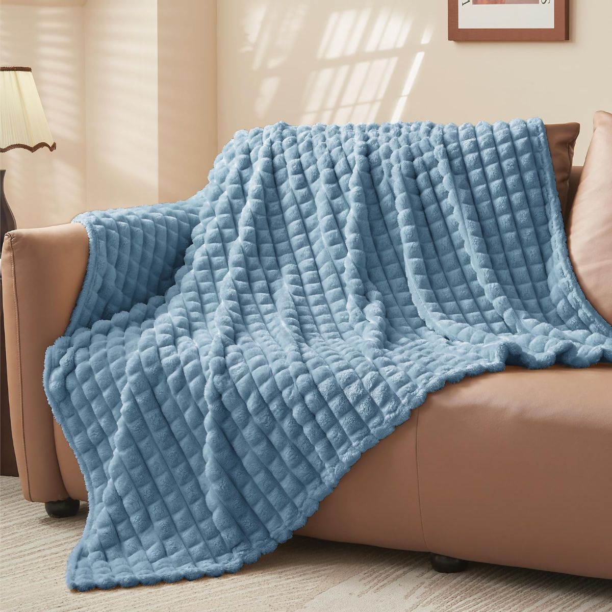 Updated Grey Throw Blanket for Couch and Bed- Super Soft and Warm 3D Checkered Fluffy Fuzzy Fleece Blanket, Luxurious Plush Cozy Blanket for Room Decor Spring - Blue - Size 150cm*200cm - Image 1