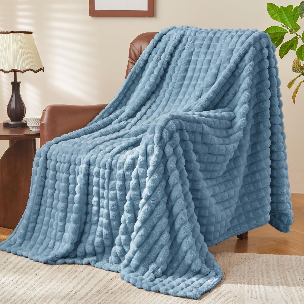 Updated Grey Throw Blanket for Couch and Bed- Super Soft and Warm 3D Checkered Fluffy Fuzzy Fleece Blanket, Luxurious Plush Cozy Blanket for Room Decor Spring - Blue - Size 180cm*200cm - Image 4