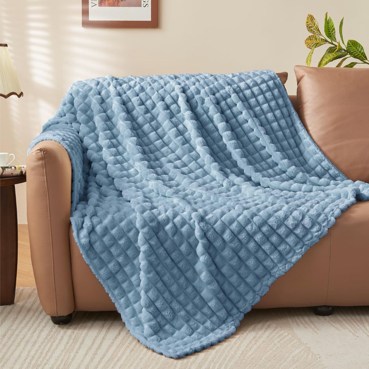 Updated Grey Throw Blanket for Couch and Bed- Super Soft and Warm 3D Checkered Fluffy Fuzzy Fleece Blanket, Luxurious Plush Cozy Blanket for Room Decor Spring - Blue - Size 180cm*200cm - Image 6