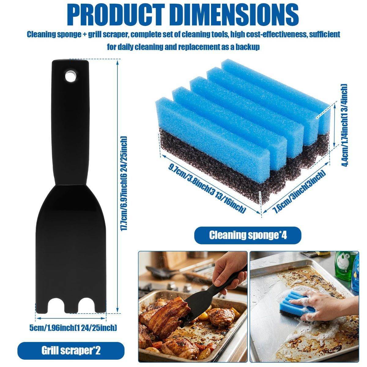 4-Pack Cleaning Sponge and 2-Pack Grill Scraper - Essential Grills Cleaning Kit for George Foreman & Most Grooved Indoor & Outdoor Grills and Sandwich Waffle Makers (6Pcs) - Image 2