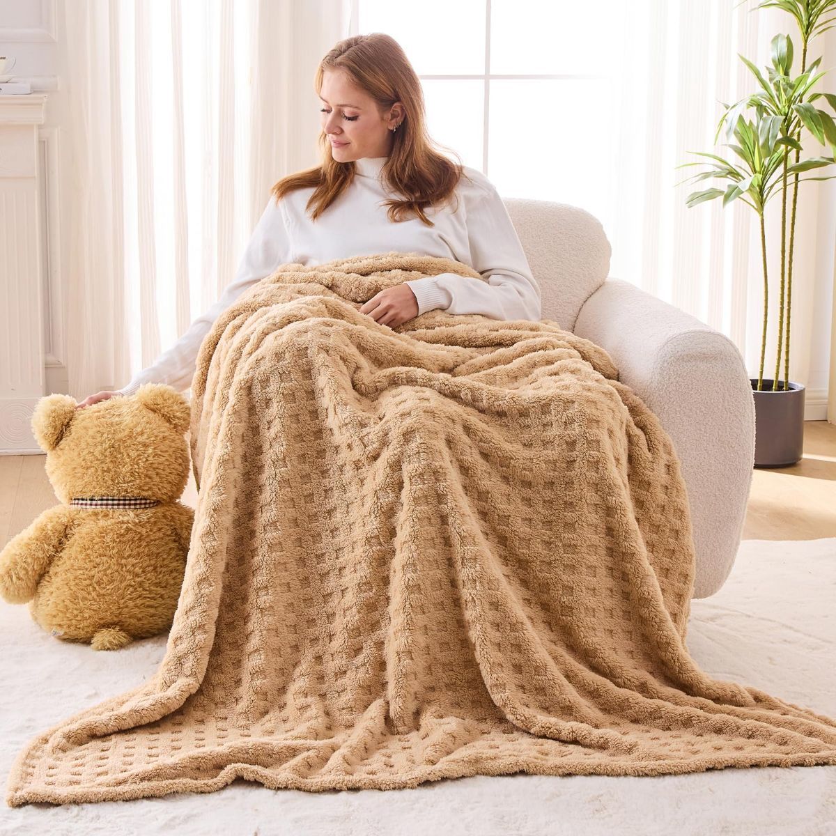 Updated Grey Throw Blanket for Couch and Bed- Super Soft and Warm 3D Checkered Fluffy Fuzzy Fleece Blanket, Luxurious Plush Cozy Blanket for Room Decor Spring - Brown - Size 120cm*200cm - Image 5