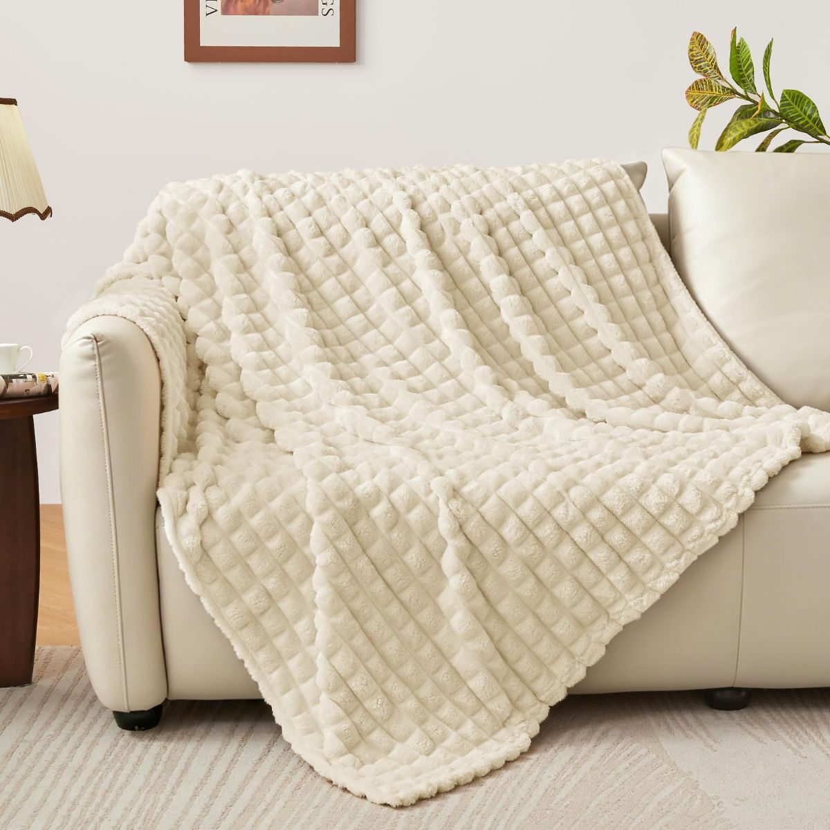Updated Grey Throw Blanket for Couch and Bed- Super Soft and Warm 3D Checkered Fluffy Fuzzy Fleece Blanket, Luxurious Plush Cozy Blanket for Room Decor Spring - Beige - Size 100cm*150cm - Image 3