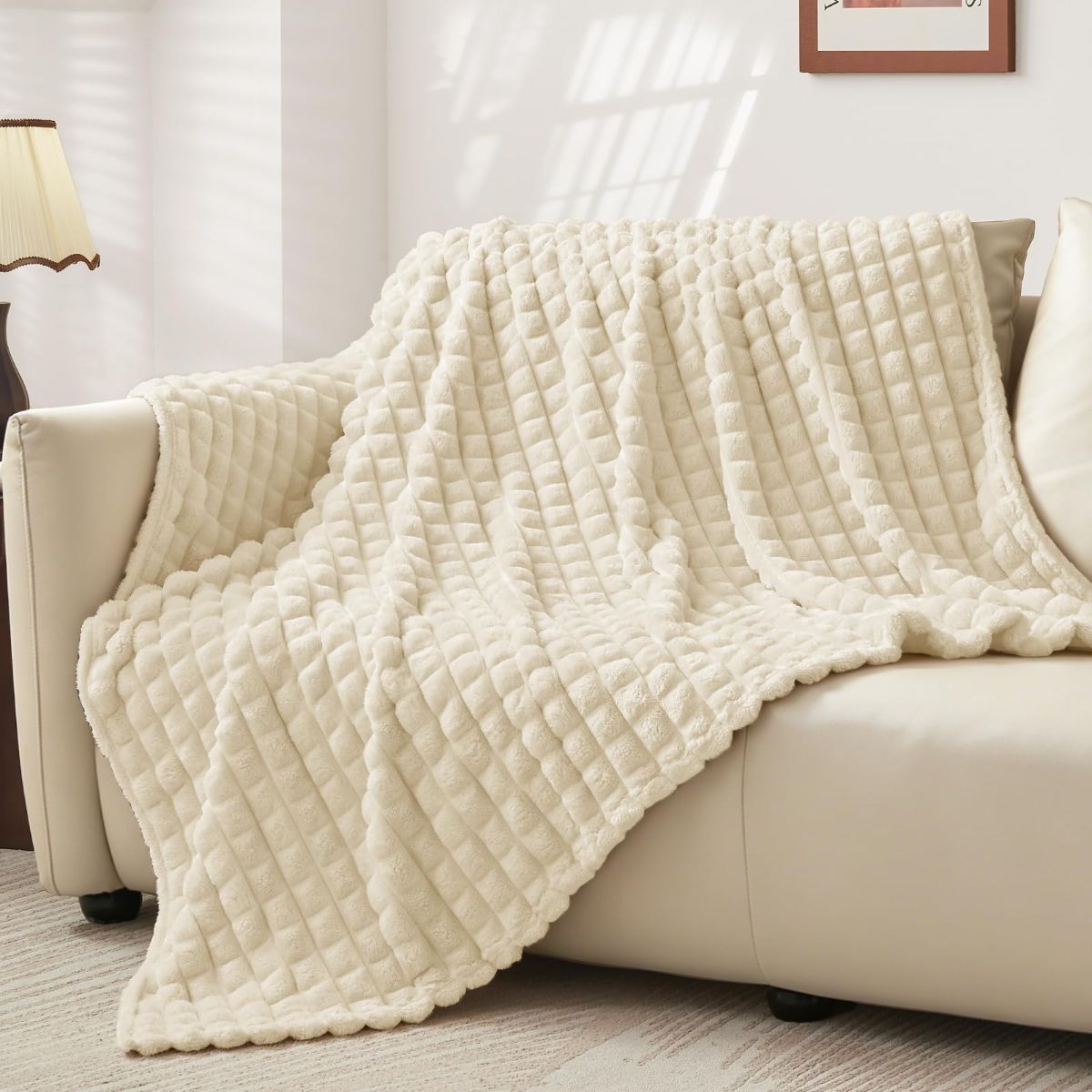 Updated Grey Throw Blanket for Couch and Bed- Super Soft and Warm 3D Checkered Fluffy Fuzzy Fleece Blanket, Luxurious Plush Cozy Blanket for Room Decor Spring - Beige - Size 180cm*200cm - Image 1