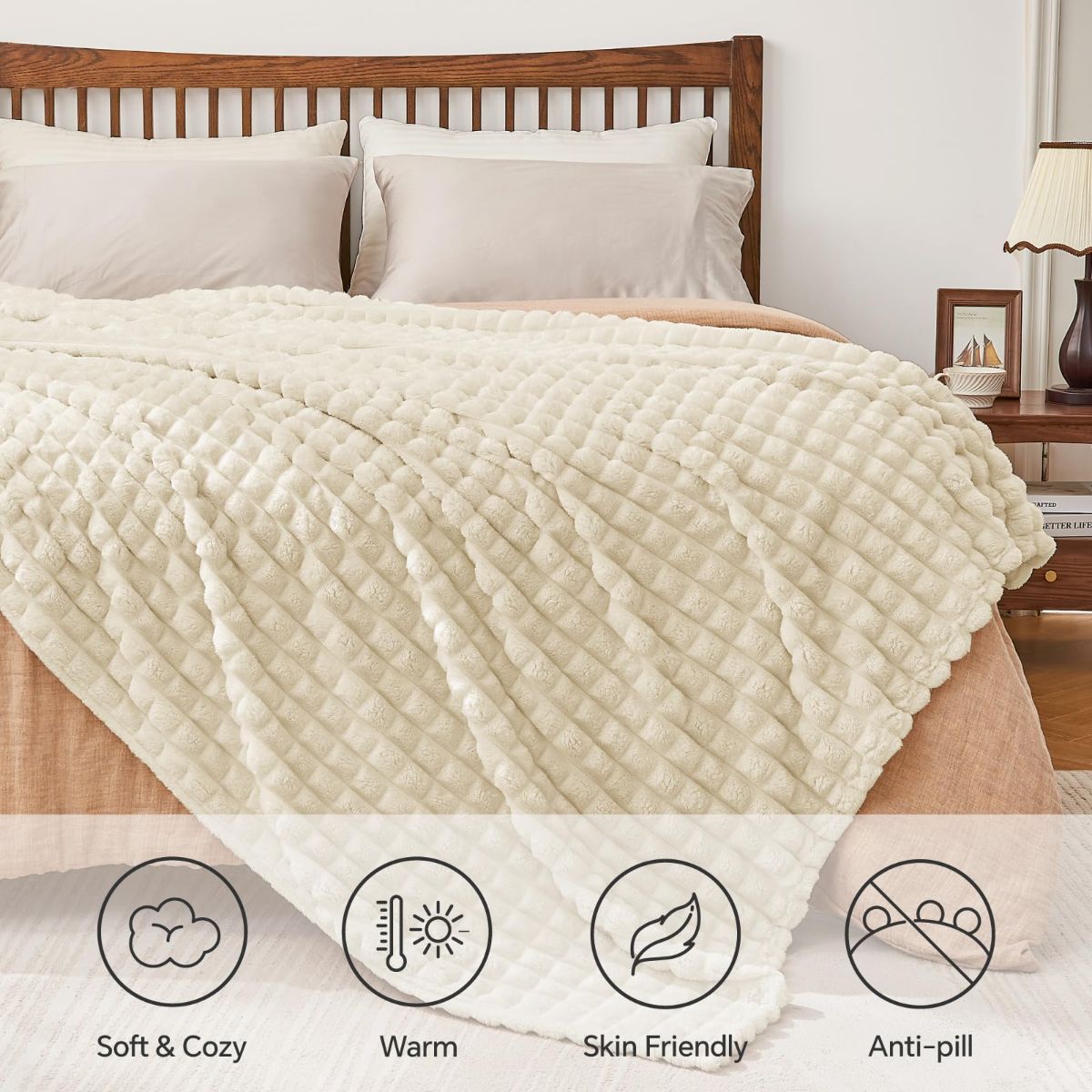 Updated Grey Throw Blanket for Couch and Bed- Super Soft and Warm 3D Checkered Fluffy Fuzzy Fleece Blanket, Luxurious Plush Cozy Blanket for Room Decor Spring - Beige - Size 180cm*200cm - Image 5