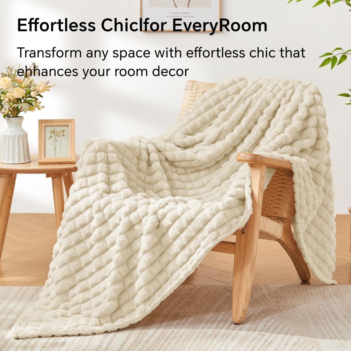 Updated Grey Throw Blanket for Couch and Bed- Super Soft and Warm 3D Checkered Fluffy Fuzzy Fleece Blanket, Luxurious Plush Cozy Blanket for Room Decor Spring - Beige - Size 200cm*230cm - Image 6
