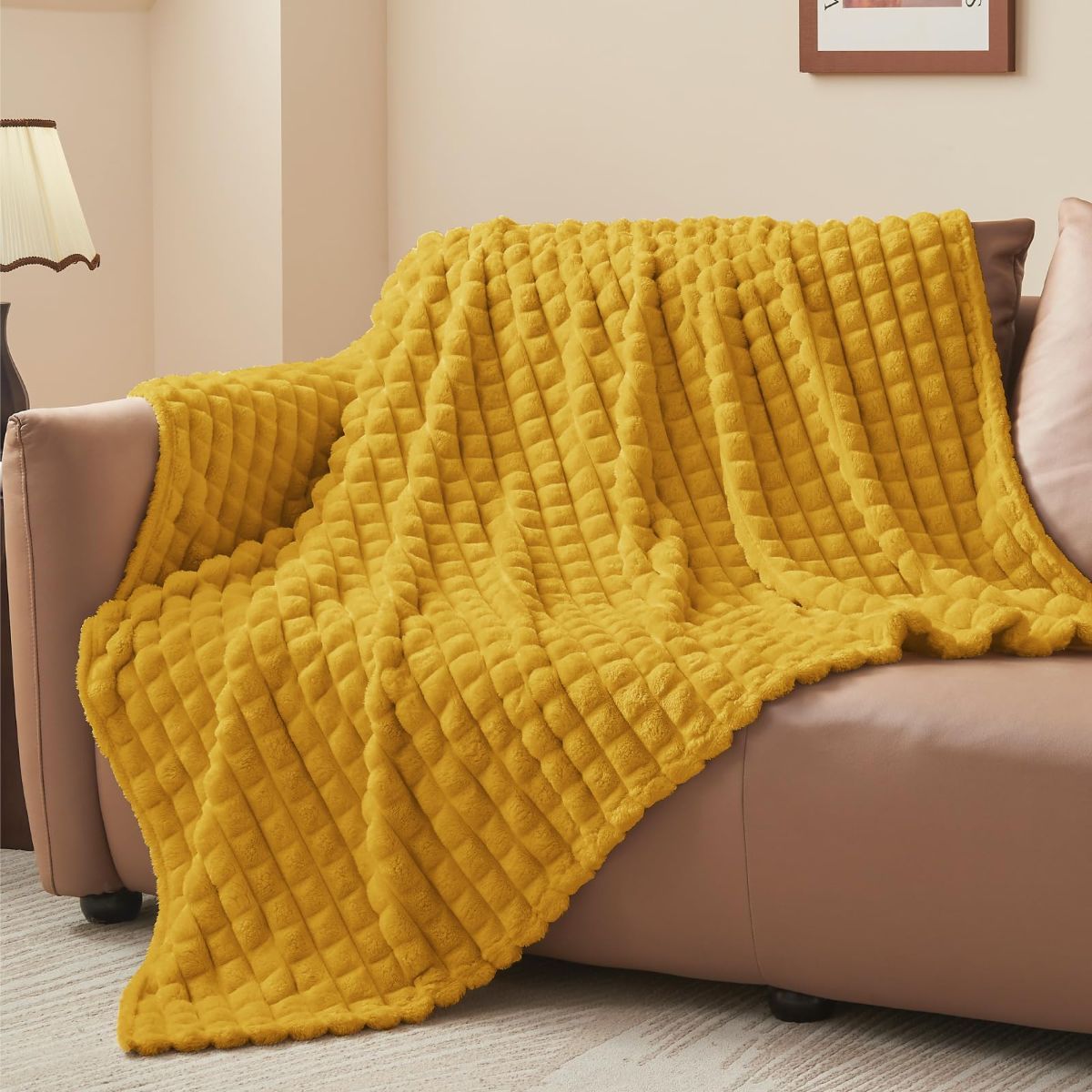 Updated Grey Throw Blanket for Couch and Bed- Super Soft and Warm 3D Checkered Fluffy Fuzzy Fleece Blanket, Luxurious Plush Cozy Blanket for Room Decor Spring - Yellow - Size 120cm*200cm - Image 1