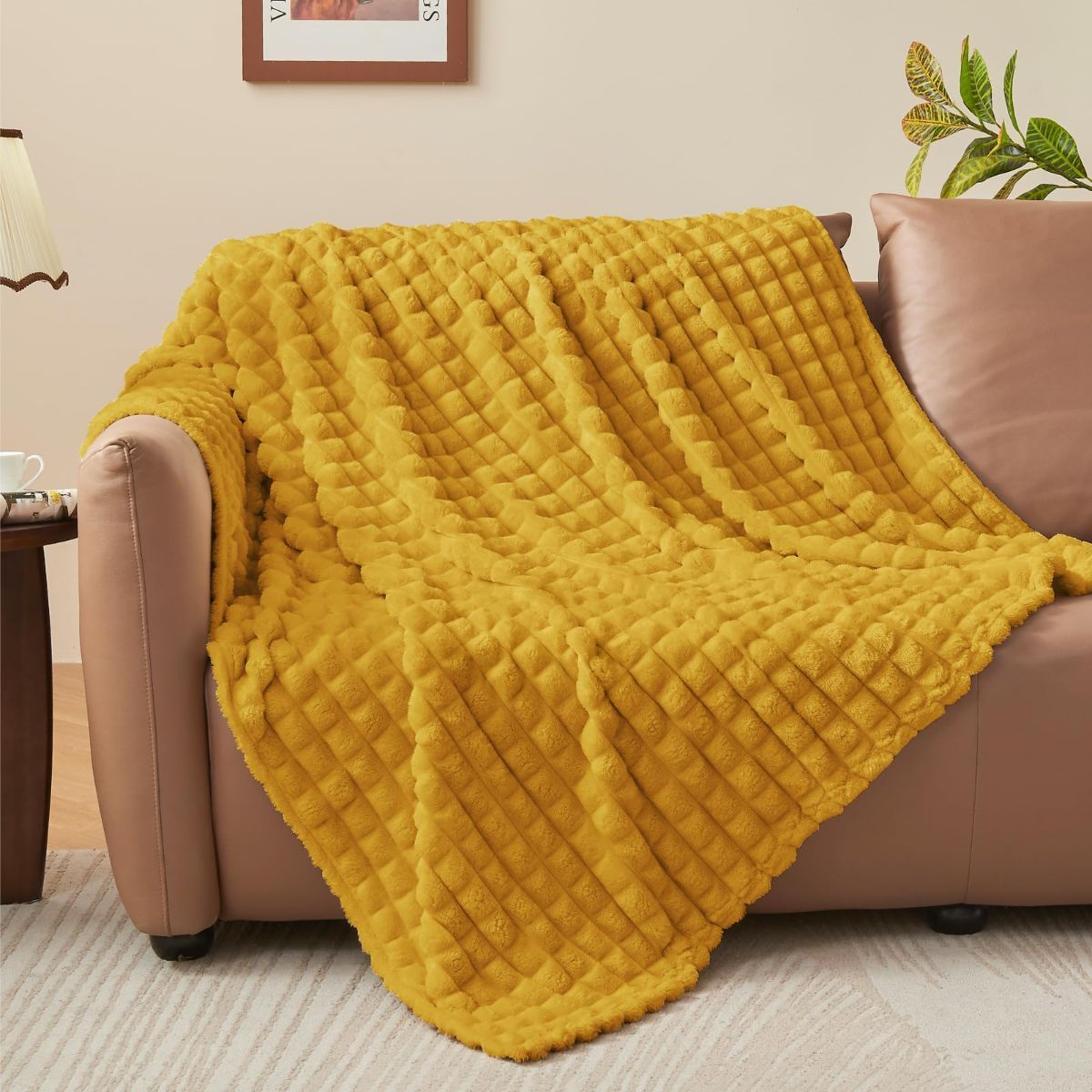 Updated Grey Throw Blanket for Couch and Bed- Super Soft and Warm 3D Checkered Fluffy Fuzzy Fleece Blanket, Luxurious Plush Cozy Blanket for Room Decor Spring - Yellow - Size 180cm*200cm - Image 4