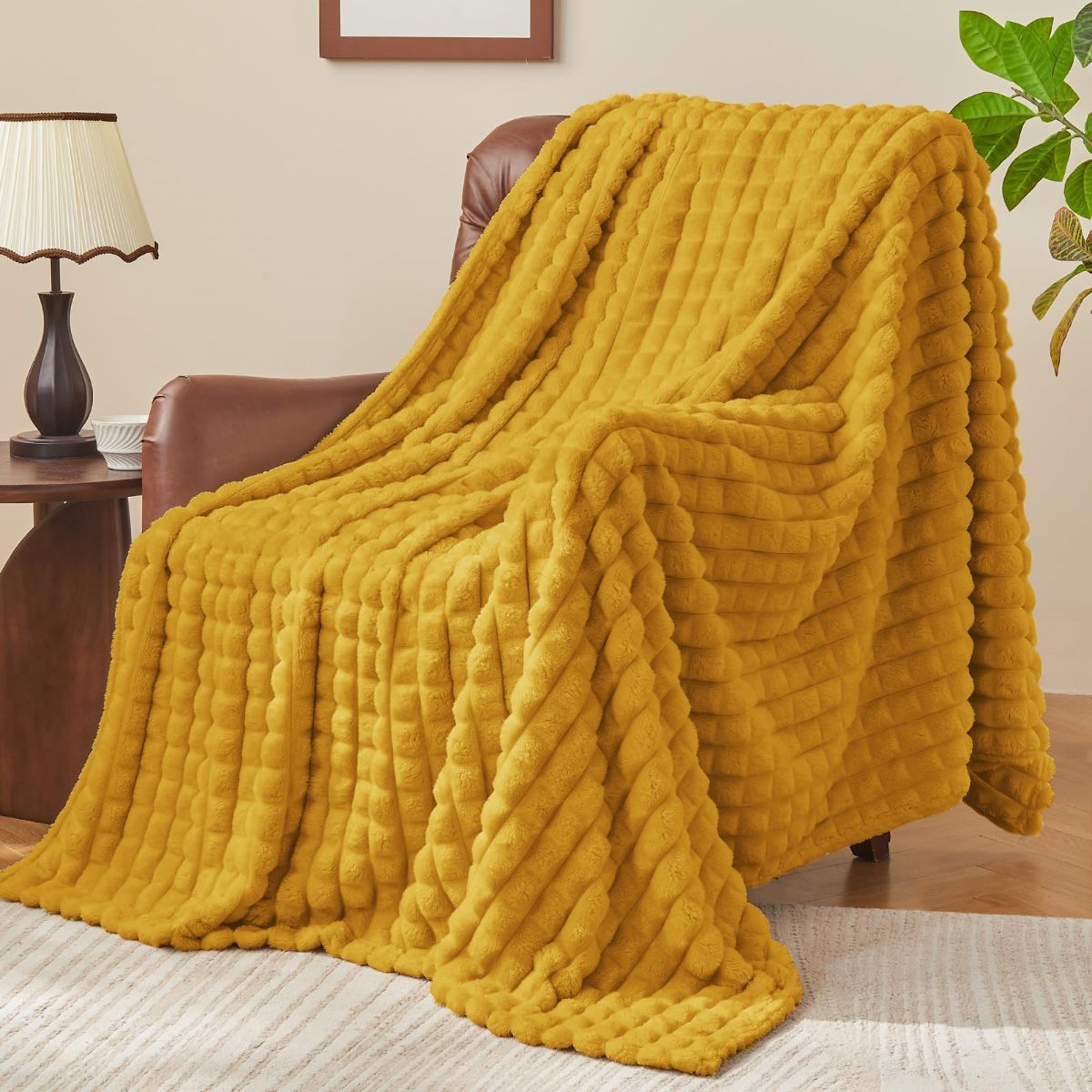 Updated Grey Throw Blanket for Couch and Bed- Super Soft and Warm 3D Checkered Fluffy Fuzzy Fleece Blanket, Luxurious Plush Cozy Blanket for Room Decor Spring - Yellow - Size 200cm*230cm - Image 6