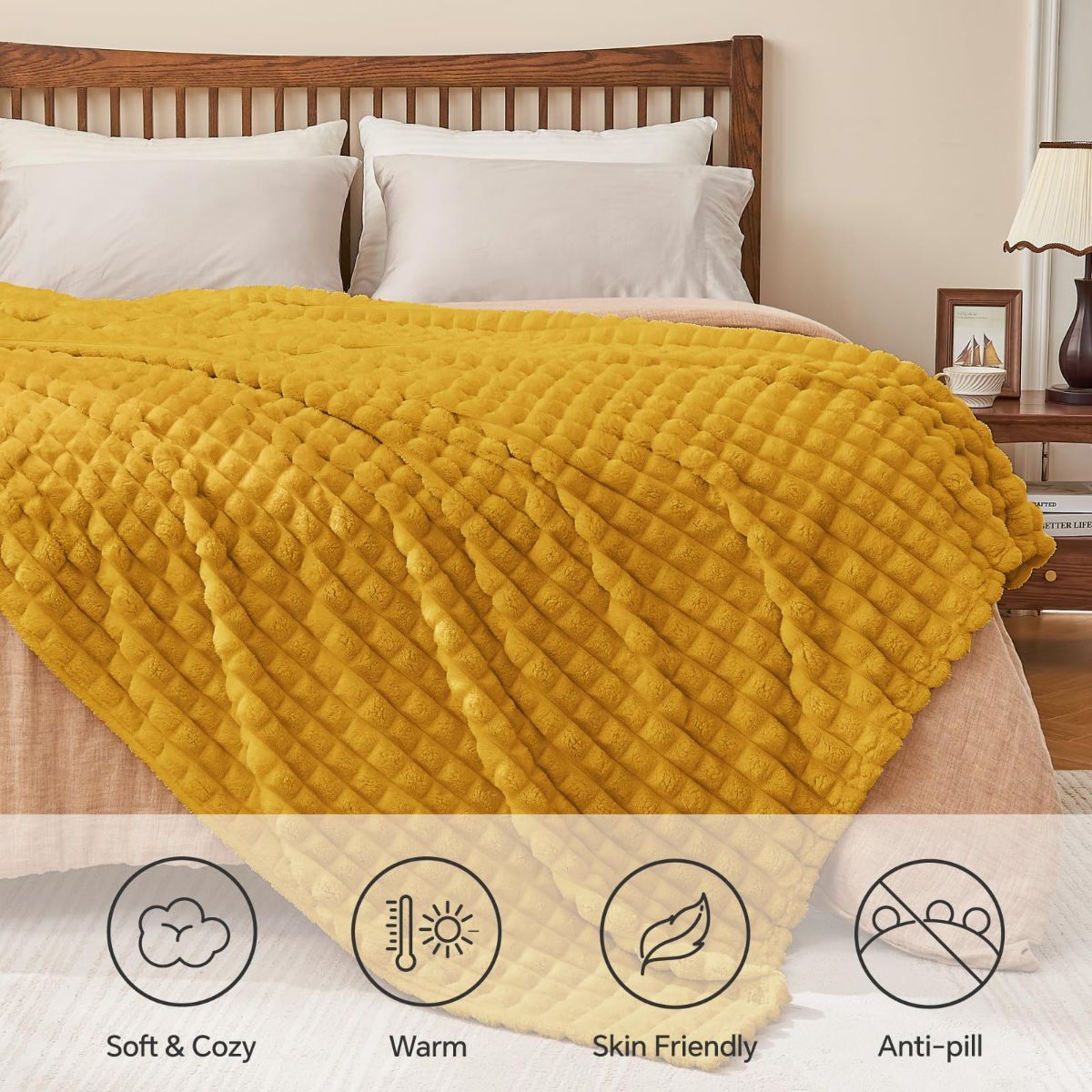 Updated Grey Throw Blanket for Couch and Bed- Super Soft and Warm 3D Checkered Fluffy Fuzzy Fleece Blanket, Luxurious Plush Cozy Blanket for Room Decor Spring - Yellow - Size 200cm*230cm - Image 7