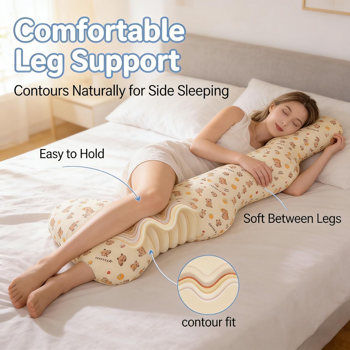 Long Rectangular Leg Pillow for Side Sleeping, Breathable Summer Cushion with Removable Washable Cover, Slim Lightweight Support Pillow for Bed Sofa Couch Travel Use - Blue - Size 130cm - Image 6