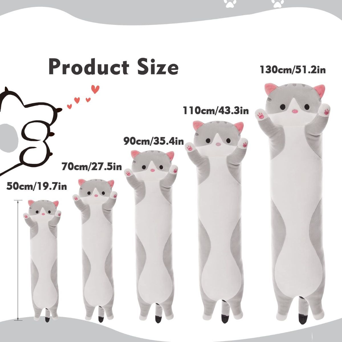 Long Cat Plush Pillow Cat Plush Toy PP Fabric Pillow Soft Cat Pillow Cat-Themed - Gray - Size 27.5in - Image 3