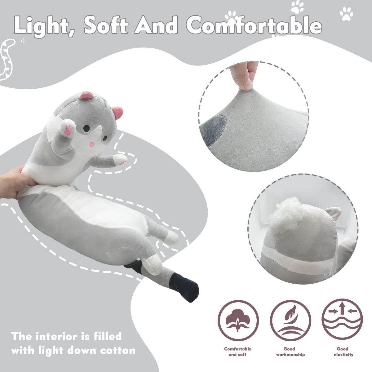 Long Cat Plush Pillow Cat Plush Toy PP Fabric Pillow Soft Cat Pillow Cat-Themed - Gray - Size 43.3in - Image 4