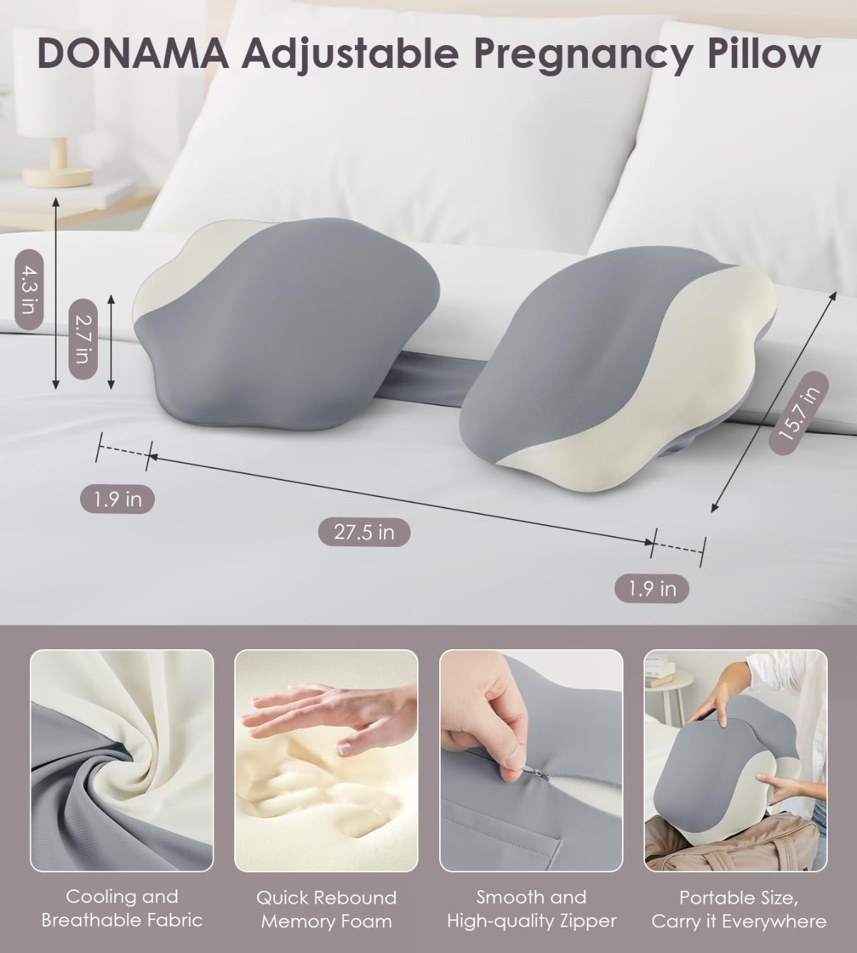 Pregnancy Pillows for Sleeping, Memory Foam Maternity Pillow Support for Back Belly HIPS, Adjustable Travel Wedge Pillow for Pregnant Women, Side Sleeping Pregnant Pillows with Cooling Pillowcase - Gray - Size 27.5in - Image 4