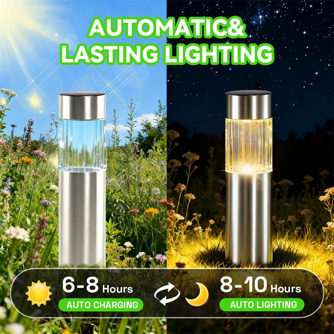 Solar Pathway Lights Outdoor, Stainless Steel Solar Garden Lights, Bright 35LM Warm White LED, Auto On/Off IP65 Waterproof Path Lights for Yard, Lawn, Walkway, Patio, Driveway - Silver - Size 1 Pack - Image 7