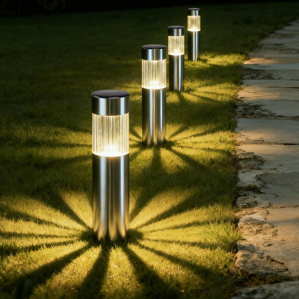 Solar Pathway Lights Outdoor, Stainless Steel Solar Garden Lights, Bright 35LM Warm White LED, Auto On/Off IP65 Waterproof Path Lights for Yard, Lawn, Walkway, Patio, Driveway - Silver - Size 4 Pack - Image 1